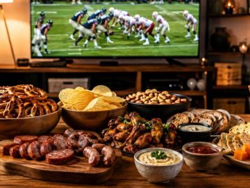 Välipaloja täynnä oleva pöytä television edessä, jossa näytetään amerikkalaisen jalkapallon ottelua