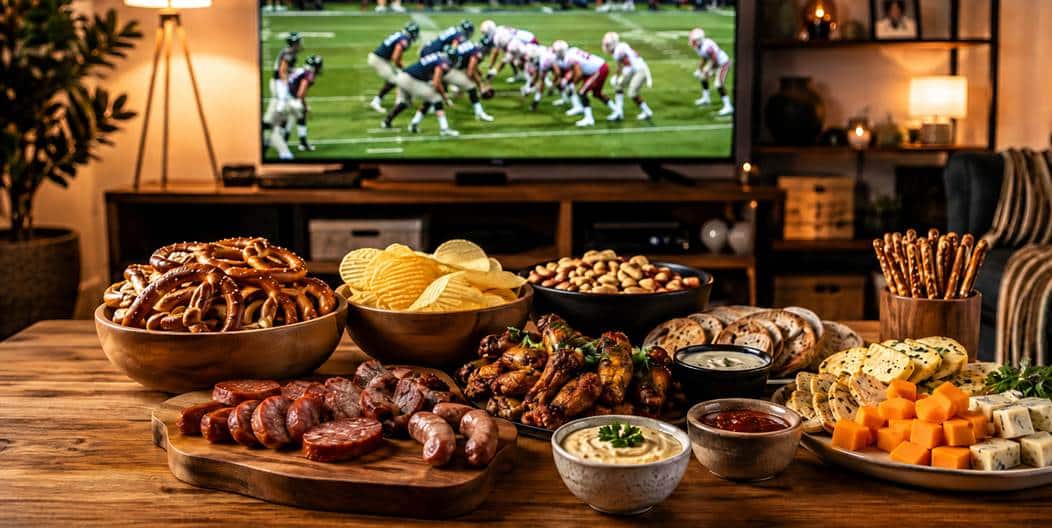 Välipaloja täynnä oleva pöytä television edessä, jossa näytetään amerikkalaisen jalkapallon ottelua